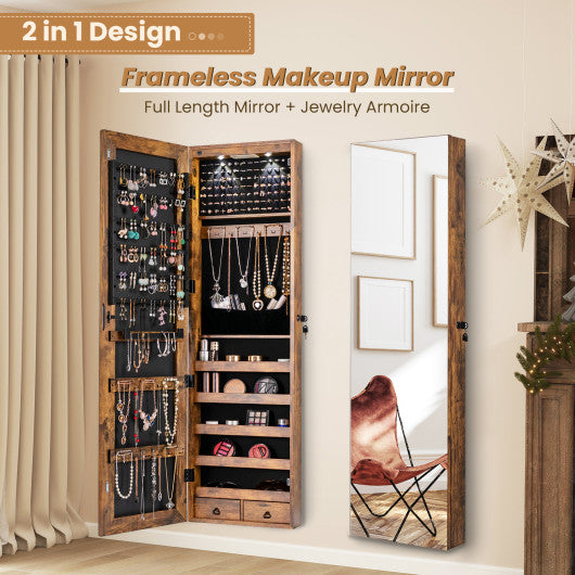 Wall and Door Mounted Mirrored Jewelry Cabinet with Lights-Rustic Brown