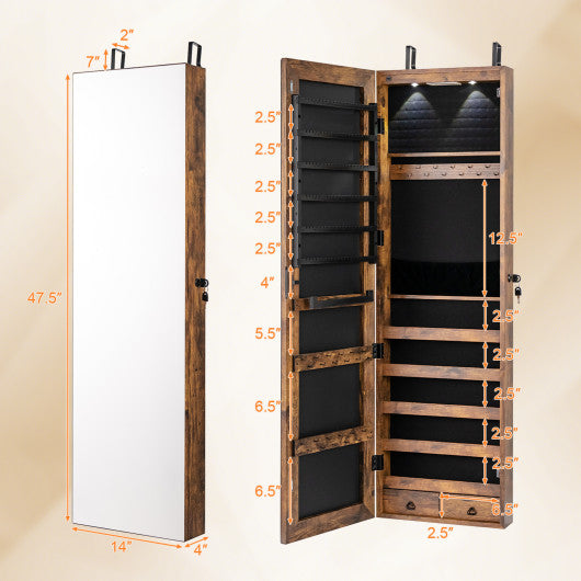 Wall and Door Mounted Mirrored Jewelry Cabinet with Lights-Rustic Brown