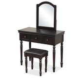 Makeup Vanity Table and Stool Set with Detachable Mirror and 3 Drawers Storage-Walnut