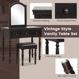 Makeup Vanity Table and Stool Set with Detachable Mirror and 3 Drawers Storage-Walnut