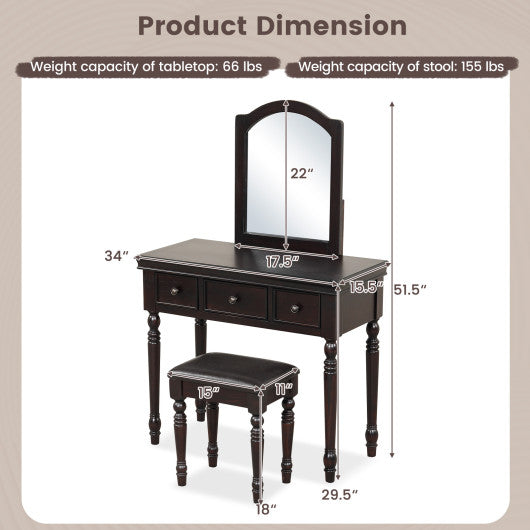 Makeup Vanity Table and Stool Set with Detachable Mirror and 3 Drawers Storage-Walnut