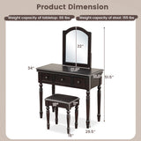 Makeup Vanity Table and Stool Set with Detachable Mirror and 3 Drawers Storage-Walnut