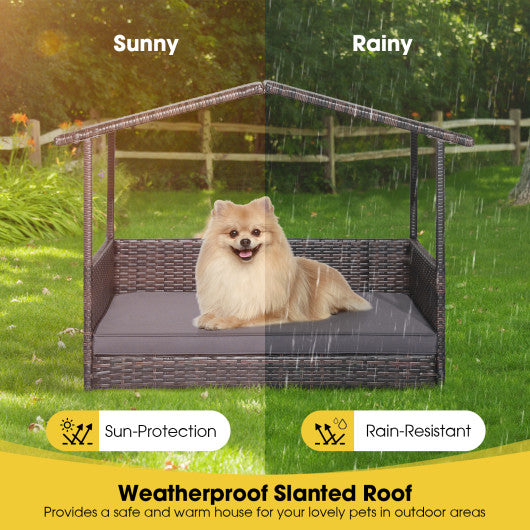 Outdoor Wicker Dog House with Weatherproof Roof-Gray