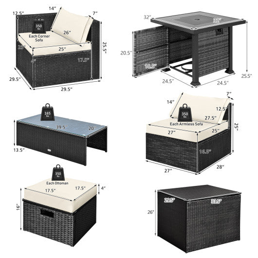 9 Pieces Patio Furniture Set with 32” Fire Pit Table and 50000 BTU Square Propane Fire Pit-White