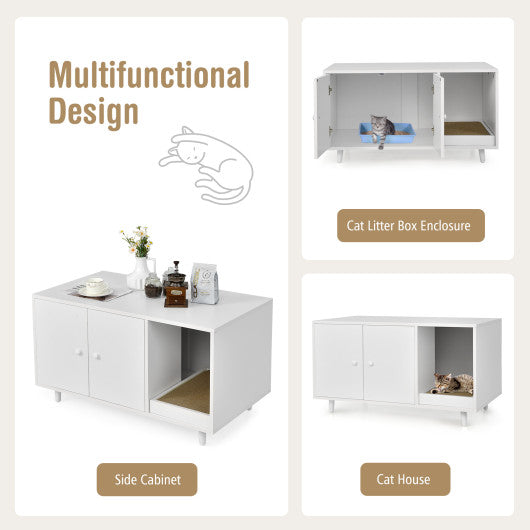 Cat Litter Box Enclosure with Divider and Double Doors-White