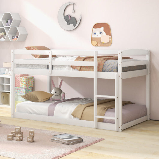 Twin Size Bunk Bed with High Guardrails and Integrated Ladder-White
