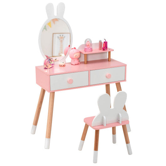 Kids Vanity Table and Chair Set with Drawer Shelf and Rabbit Mirror-White