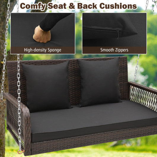 2-Person Outdoor Wicker Porch Swing with Seat and Back Cushions-Black