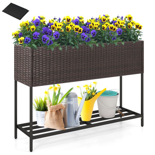 Wicker Raised Garden Bed with Storage Shelf and Drainage Gaps for Flowers