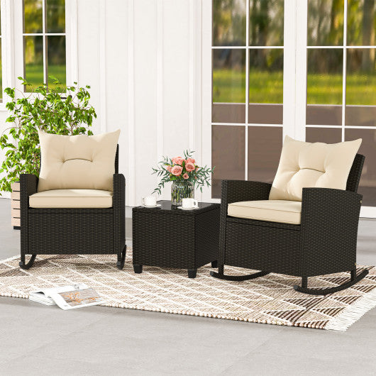 3-Piece Patio Rattan Roker Chairs with Tempered Glass Table and Soft Cushions-Beige