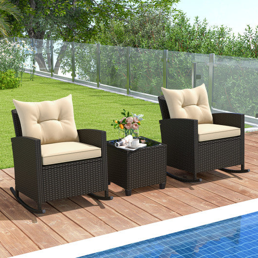 3-Piece Patio Rattan Roker Chairs with Tempered Glass Table and Soft Cushions-Beige