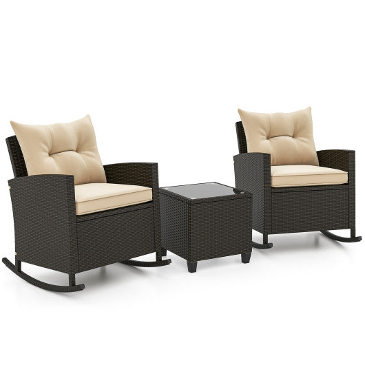 3-Piece Patio Rattan Roker Chairs with Tempered Glass Table and Soft Cushions-Beige