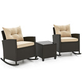 3-Piece Patio Rattan Roker Chairs with Tempered Glass Table and Soft Cushions-Beige