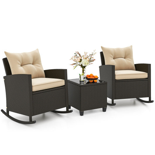 3-Piece Patio Rattan Roker Chairs with Tempered Glass Table and Soft Cushions-Beige