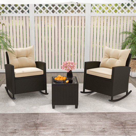 3-Piece Patio Rattan Roker Chairs with Tempered Glass Table and Soft Cushions-Beige