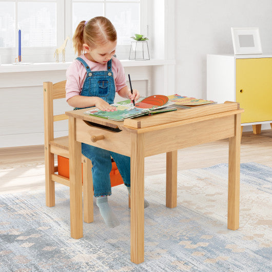 Wood Activity Kids Table and Chair Set with Storage Space-Natrual