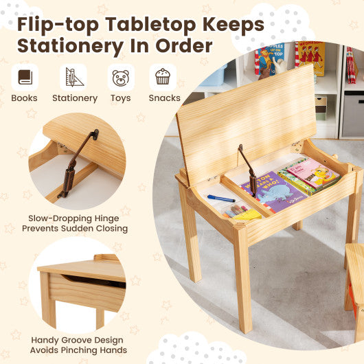 Wood Activity Kids Table and Chair Set with Storage Space-Natrual