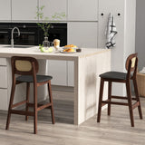 Wood Bar Chairs with PE Rattan Backrest  Padded Seat and Footrest-Brown