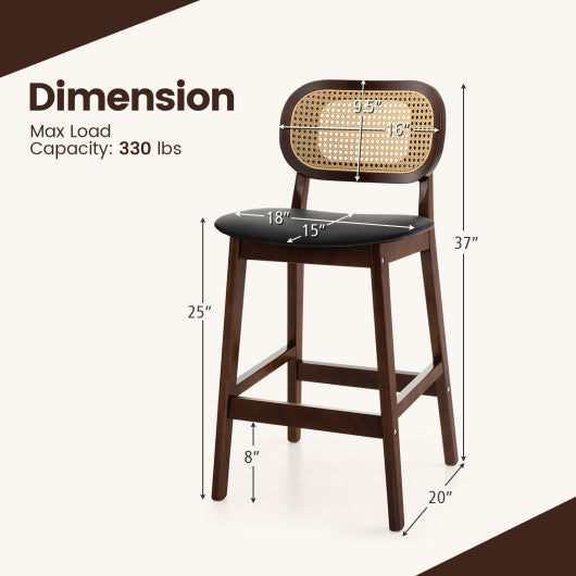 Wood Bar Chairs with PE Rattan Backrest  Padded Seat and Footrest-Brown