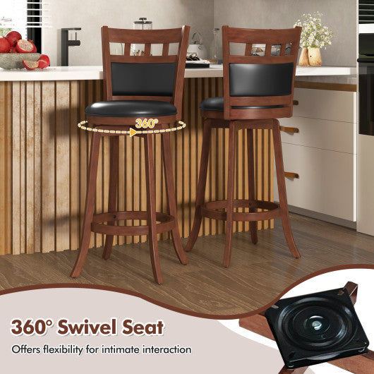 Wood Swivel Bar Stools Set of 2 with Faux Leather Upholstered Seat and Back-Brown