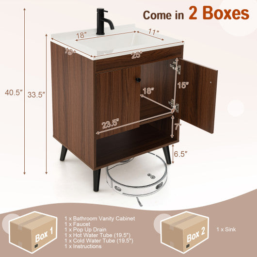 25 Inch Wooden Bathroom Storage Cabinet with Sink-Walnut