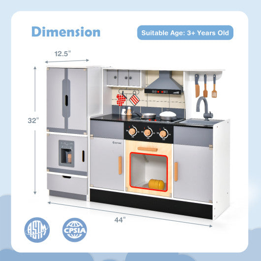 Wooden Chef Play Kitchen and Refrigerator with Realistic Range Hood and Roaster