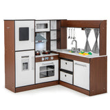 Wooden Corner Play Kitchen with Water Circulation System and Lights-Brown
