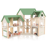 Wooden Corner Dollhouse Playset with 6 Rooms and 36 Pieces for Kids 3+ Years Old-Green