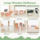 Wooden Corner Dollhouse Playset with 6 Rooms and 36 Pieces for Kids 3+ Years Old-Green