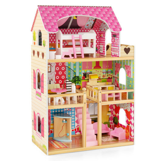 Doll House Playset with 3 Stories and 6 Simulated Rooms and 15 Pieces of Furniture-Pink