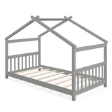 Twin Size Wooden House Bed with Roof-Gray