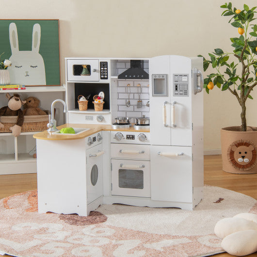 Wooden Kid's Corner Kitchen Playset with Stove for Toddlers-Natural & White