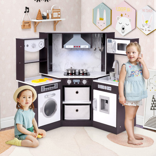 Wooden Kids Play Kitchen Playset with Realistic Lights and Sounds-Coffee