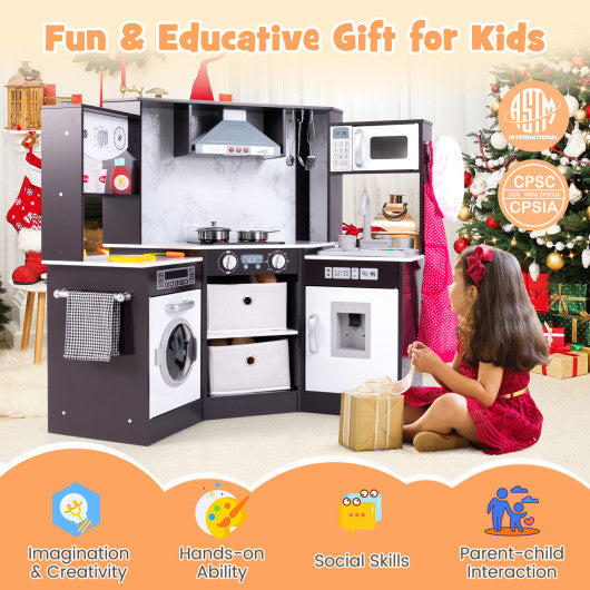 Wooden Kids Play Kitchen Playset with Realistic Lights and Sounds-Coffee