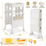 Folding Wooden Step Stool with Lockable Safety Rail for Toddler 3+-White