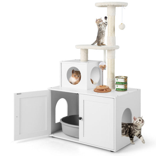 Cat Tree with Litter Box Enclosure with Cat Condo-White