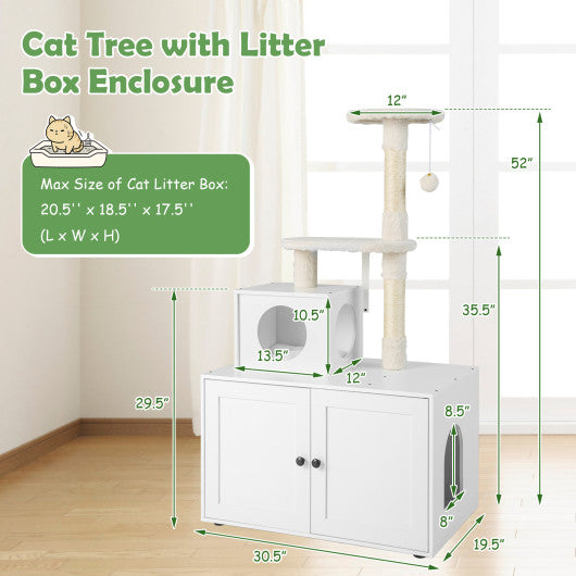 Cat Tree with Litter Box Enclosure with Cat Condo-White