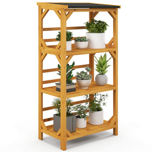 3-Tier Wooden Plant Stand with Weatherproof Asphalt Roof for Patio-Natural