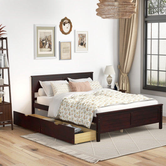 Full Size Bed Frame with Storage Drawers and Solid Wood Headboard-Espresso