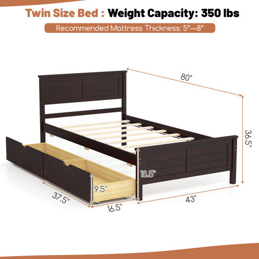 Twin Size Bed Frame with Storage Drawers-Espresso