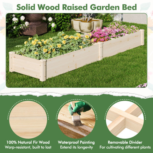 Wooden Raised Open-Ended Base Garden Bed with 2 Planter Boxes Divider-Natural