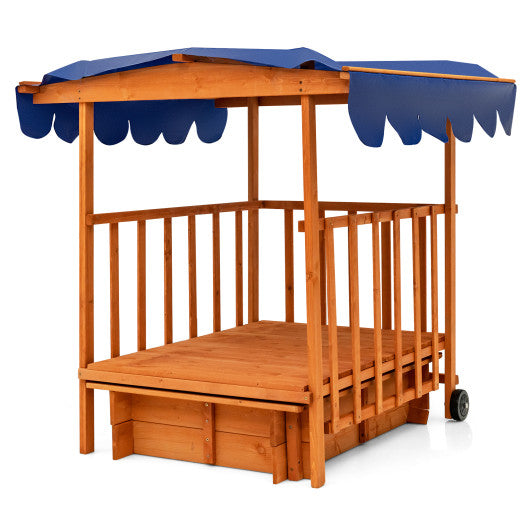 Kids Outdoor Wooden Retractable Sandbox with Cover and Built-in Wheels-Natural