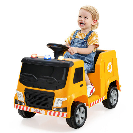 12V Kids Ride-on  Garbage Truck with Warning Lights and 6 Recycling Accessories-Yellow