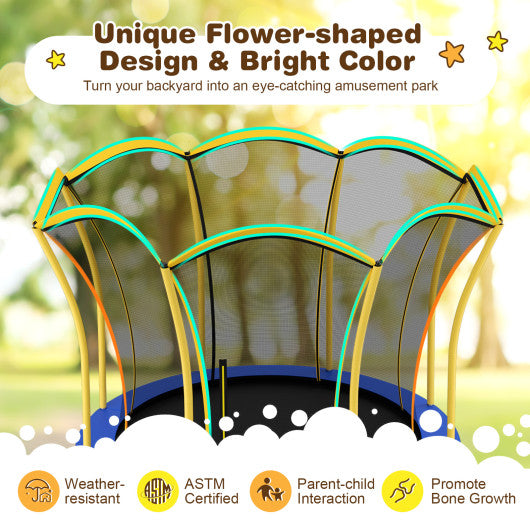 8 Feet Outdoor Unique Flower Shape Trampoline with Enclosure Net-Yellow