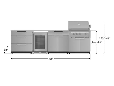 Outdoor Kitchen Stainless Steel 7 Piece Cabinet Set with 3-Drawer, Bar, Grill Cabinet, Platinum Grill, Countertop, and Glass Door Fridge