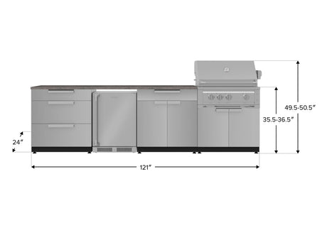 Outdoor Kitchen Stainless Steel 7 Piece Cabinet Set with 3-Drawer, Bar, Grill Cabinet, Platinum Grill, Countertop, and Stainless Steel Door Fridge