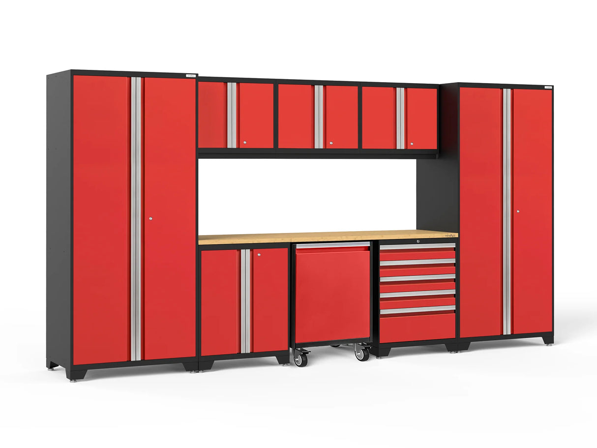 Pro Series 9 Piece Cabinet Set with Wall, Base, Tool Drawer Cabinet, Lockers, Utility Cart and 84 In. Worktop