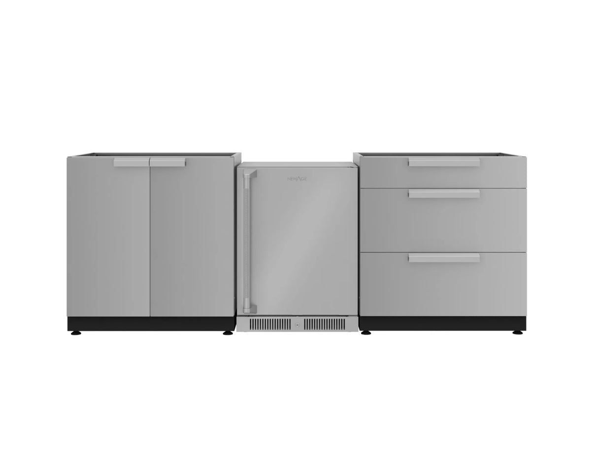 Outdoor Kitchen Stainless Steel 3 Piece Cabinet Set with 3-Drawer, 2-Door Cabinet and Fridge