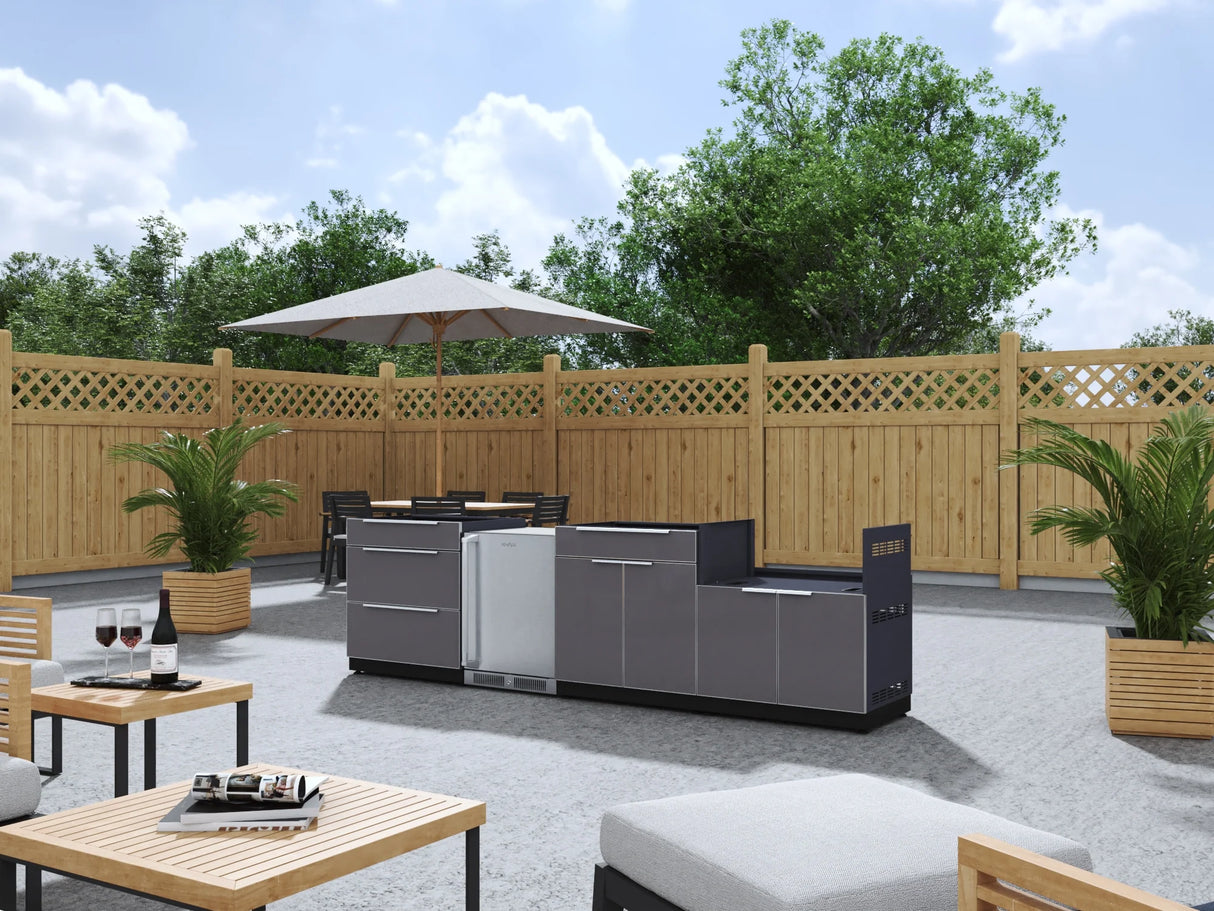 Outdoor Kitchen Aluminum 4 Piece Cabinet Set with 3-Drawer, Bar, Grill Cabinet and Fridge