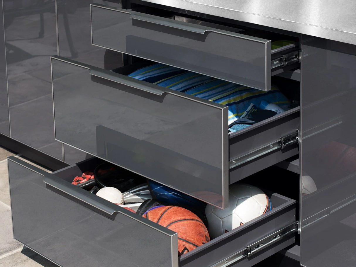 Outdoor Kitchen Aluminum 5 Piece Cabinet Set with 3-Drawer, 2-Door Cabinet, Countertops and Fridge